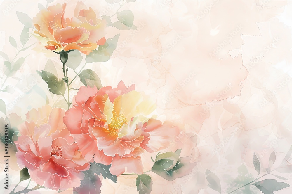 Chinese style, light pink and yellow gradient color ink painting of flowers