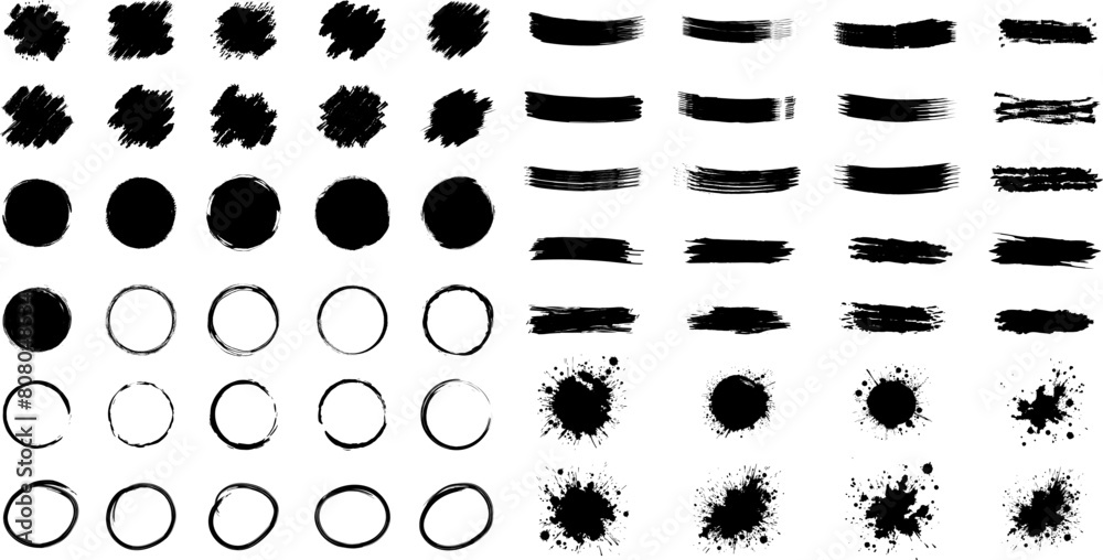 Set of black ink brush.Black paint brush spots . Ink splashes .Paint brush stroke . Grunge brushes set.Grunge painted ink lines .Vector brush strokes collection .Black grunge stain . paint splatter