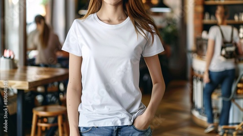 Young Model Shirt Mockup woman wearing white tshirt in coffee shop in daylight Shirt Mockup Templat