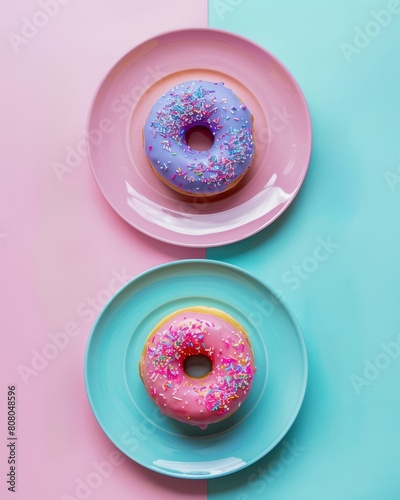 Minimal flat lay pattern of colorful donuts on small plates isolated on pastel background.