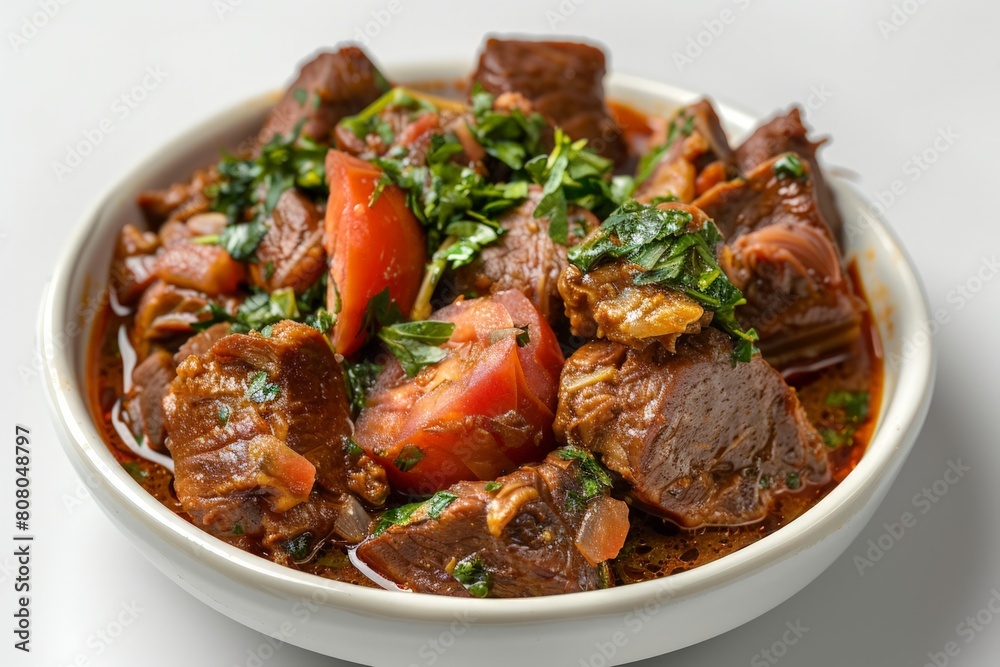 Djiboutian Fah-fah with goat meat and tomatoes