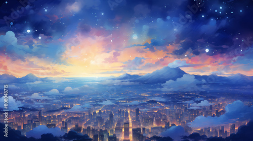 Craft a watercolor background featuring a sprawling city viewed from above at dusk, lights twinkling photo