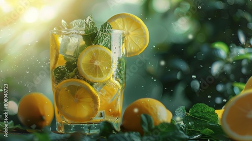 A conceptual photo of a refreshing glass of lemonade garnished with lemon slices and mint leaves  symbolizing summer vibes and cool refreshment on a hot day