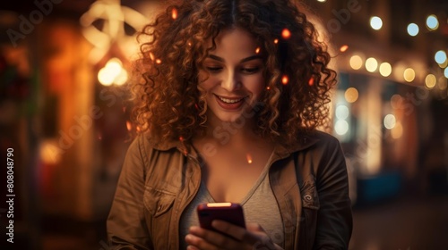 A woman with curly hair is smiling while looking at her cell phone. Concept of happiness and contentment as the woman enjoys her time on her phone