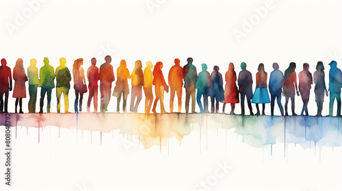 Multicolored Crowd Silhouettes in Drawing Watercolor Style, Illustrating a Vibrant Multicultural Society Gathering in a Long, Panoramic View of Urban Cityscape Celebrations Outdoors