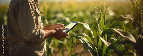 A man is holding a tablet in a field of corn. He is looking at the tablet and he is focused on the information displayed. Concept of productivity and technological advancement in agriculture