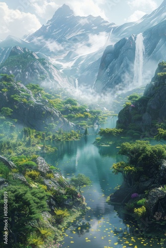 Fantasy landscape with mountains  waterfalls  and a river running through a valley