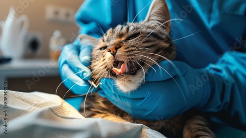 A veterinary surgeon performing a dental procedure on a sedated cat