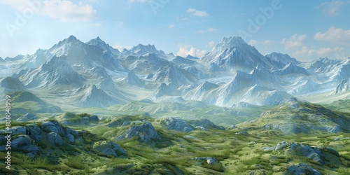 Fantasy landscape with mountains and green fields photo