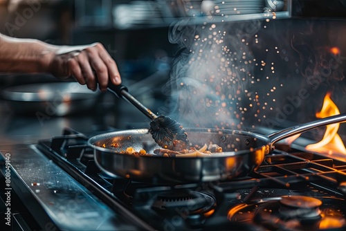 chef hold steel frying pan with a lid on a metal gas stove, cooking