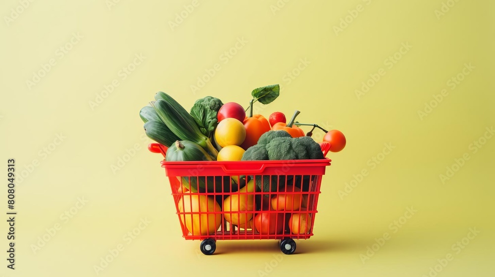 A red shopping cart filled with fruits and vegetables. The cart is on a yellow background A red shopping cart filled with fruits and vegetables. The cart is on a yellow background