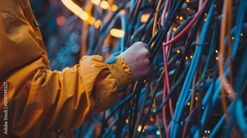 A conceptual photo of a person using velcro patches to organize cables and wires, symbolizing efficiency and tidiness in technology management