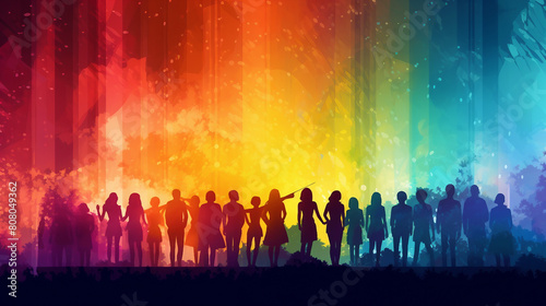 Multicolored Crowd Silhouettes in Drawing Watercolor Style, Illustrating a Vibrant Multicultural Society Gathering in a Long, Panoramic View of Urban Cityscape Celebrations Outdoors © Spear