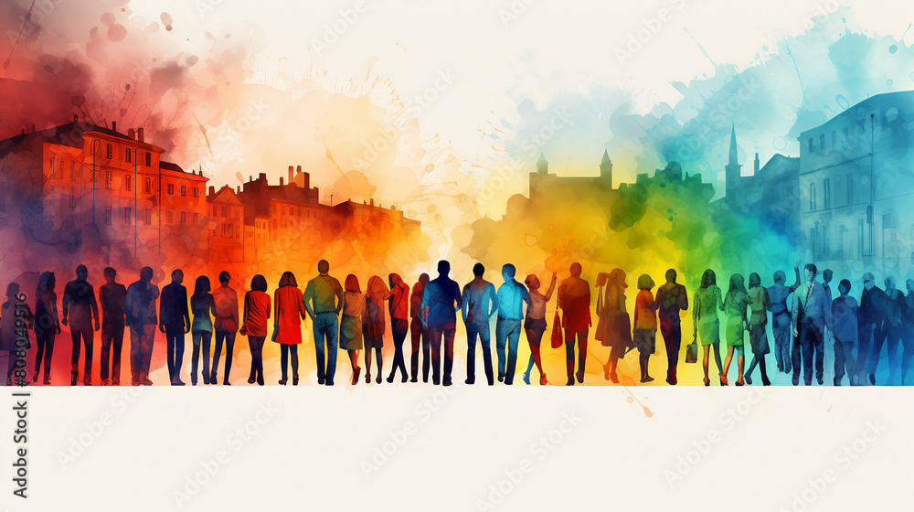 Multicolored Crowd Silhouettes in Drawing Watercolor Style, Illustrating a Vibrant Multicultural Society Gathering in a Long, Panoramic View of Urban Cityscape Celebrations Outdoors