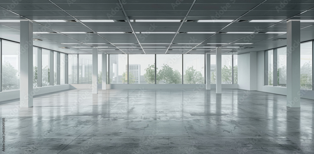 Fototapeta premium Empty, modern building and space for office for interior design, architecture and real estate. Industrial, background and vacant site for workplace, urban planning and construction for business