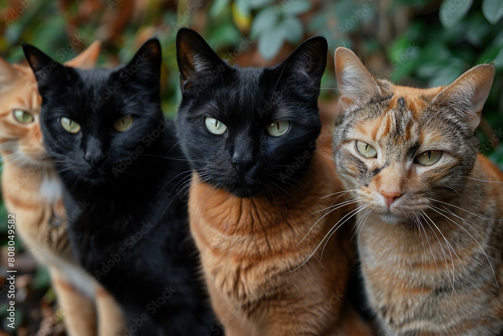 Three cats with green eyes are looking at the camera, close up