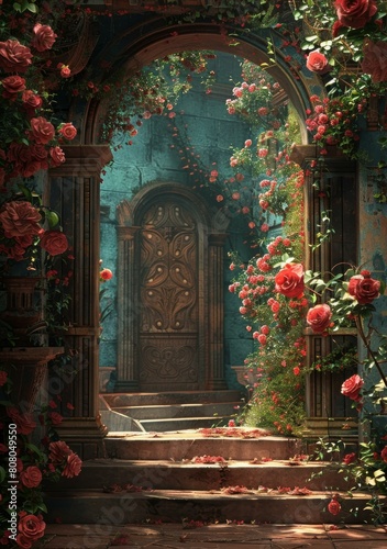 Mystical garden with a secret door overgrown with red roses