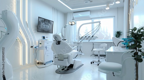 The dental room is decorated in a modern  white style that looks modern. Generative Ai
