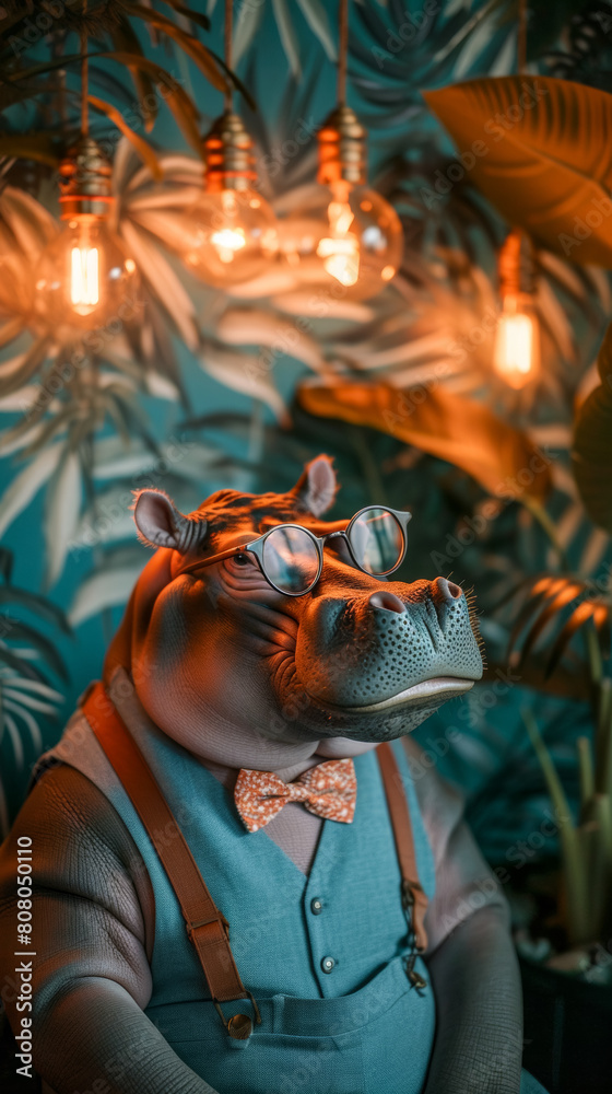 Hipster hippo in suspenders and a bow tie, wearing retro glasses