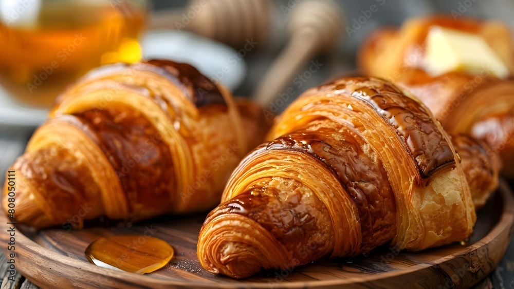 French Croissant Served with Butter and Honey on a Wooden Plate. Concept French Croissant, Breakfast Delight, Sweet and Savory, Wooden Platter, Indulgent Treat