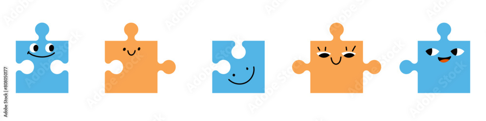 Cute cartoon puzzle character with abstract face, funny emotions piece. Flat vector illustration isolated on white background.