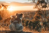 A mother koala tenderly nuzzles her joey perched on her back gazing out at a breathtaking sunset from the eucalyptus trees