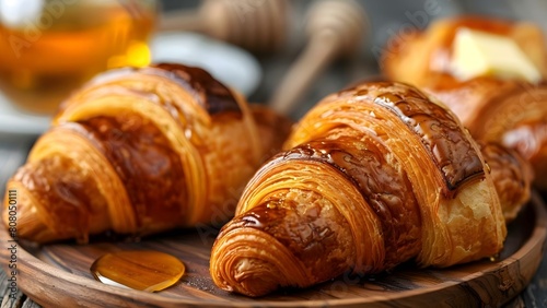 French Croissant Served with Butter and Honey on a Wooden Plate. Concept French Croissant, Breakfast Delight, Sweet and Savory, Wooden Platter, Indulgent Treat