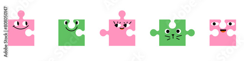 Cute puzzle character with abstract face, eyes and funny expression emoji. Flat vector illustration isolated on white background.