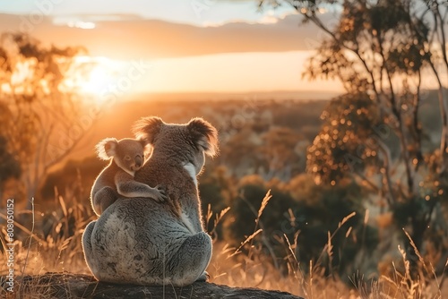 A mother koala tenderly nuzzles her joey perched on her back gazing out at a breathtaking sunset from the eucalyptus trees