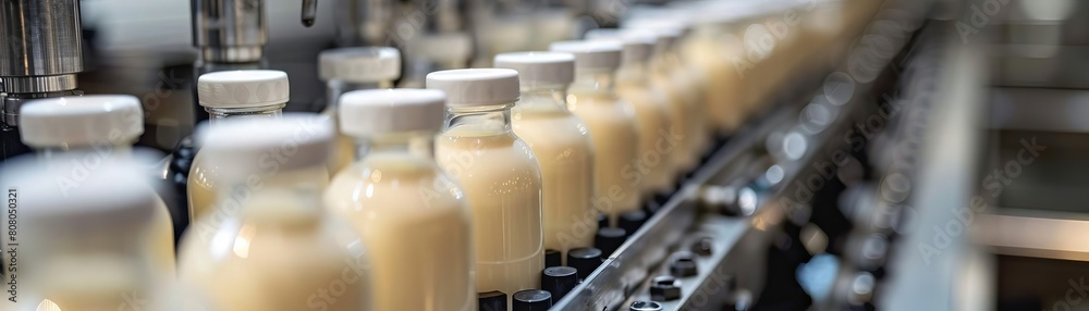 A line of milk bottles are being filled at a factory. The bottles are white and have a white cap