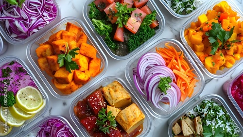 Vibrant image promoting delivery of premade healthy meals in plastic containers. Concept Healthy Meals, Delivery Service, Plastic Containers, Vibrant Image, Food Presentation photo