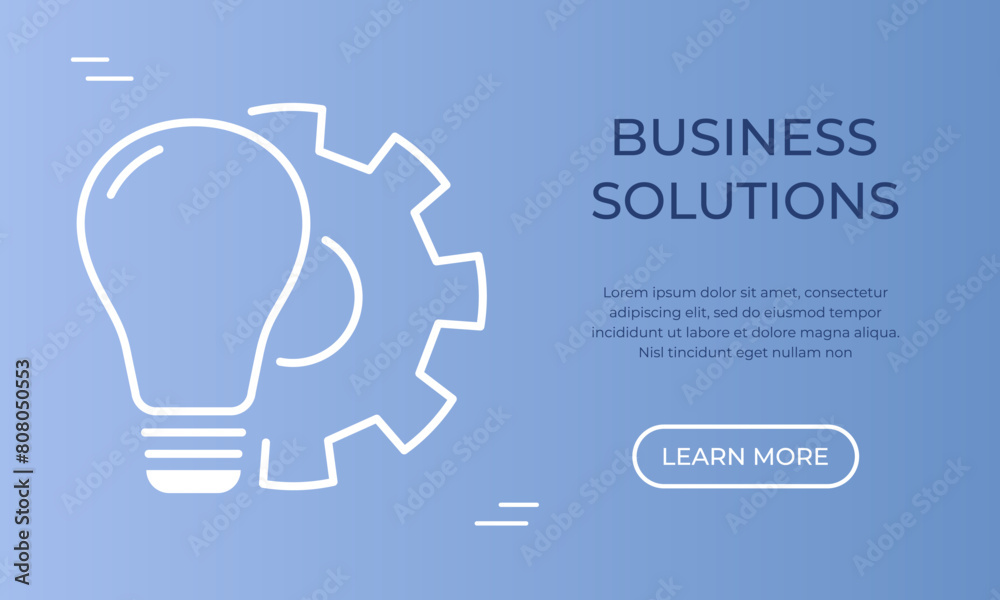 Business solutions banner template with lamp bulb and gear outline icon. Teamwork, partnership, brainstorming concept. Vector illustration Business solutions banner template with lamp bulb and gear outline icon. Teamwork, partnership, brainstorming concept. Vector illustration