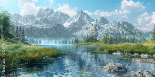 The mountain is covered with snow and the lake is surrounded by green grass photo