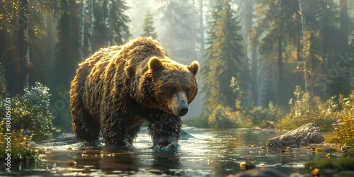 Brown Bear by a River in Forest Edge