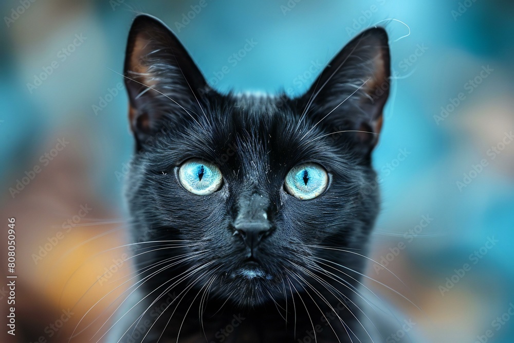 Portrait of a black cat with blue eyes on a blue background