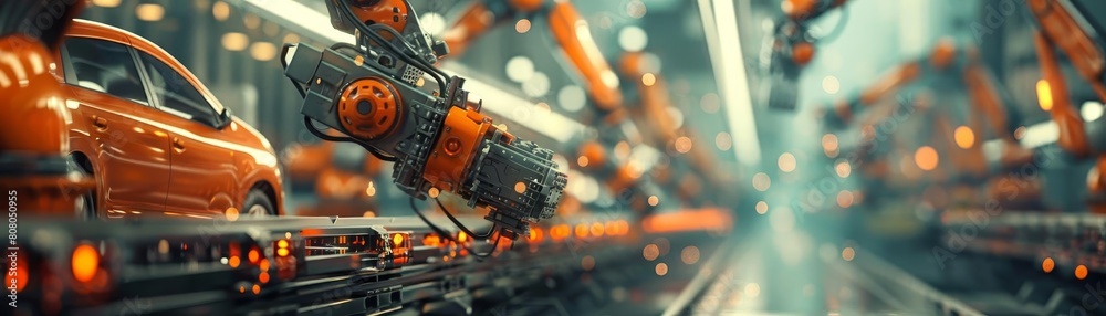 A car is being built in a factory with many robotic arms. The car is orange and is being assembled by a machine. Concept of industrialization and automation A car is being built in a factory with many robotic arms. The car is orange and is being assembled by a machine. Concept of industrialization and automation