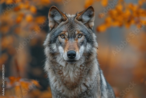 Portrait of a gray wolf in the autumn forest, Close-up