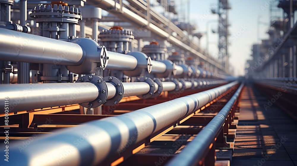 A long line of pipes with valves on them A long line of pipes with valves on them