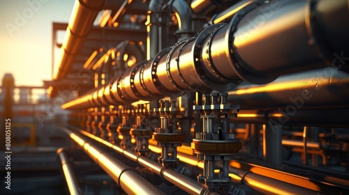 A long pipe with many valves on it. Concept of industrial machinery and the importance of the valves in controlling the flow of liquid through the pipe photo