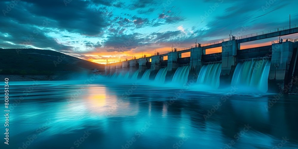 Harnessing the Power of Renewable Energy and Clean Water: A Sunset Over a Hydroelectric Plant. Concept Renewable Energy, Sustainable Technology, Clean Water, Hydroelectric Power Plant