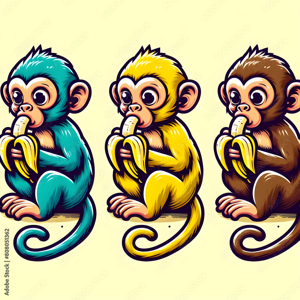 Fototapeta premium cartoon monkey eating banana with style,Stylish Cartoon Monkey Enjoying a Banana.
