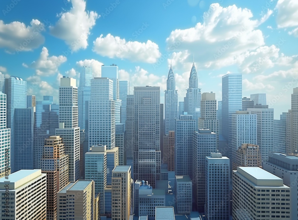 A cityscape image of a modern city with skyscrapers and a blue sky