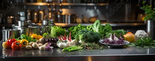 A table full of vegetables and herbs. The vegetables include broccoli, carrots, and peppers