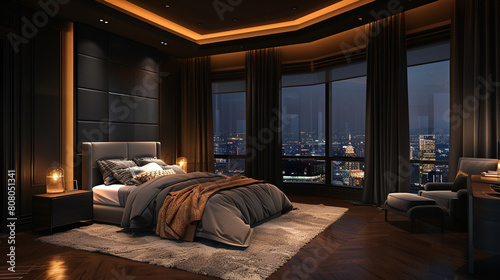 A spacious penthouse bedroom that exudes a calm, collected ambiance with its dark, muted color palette and refined furnishings.  photo