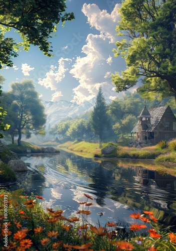 fantasy landscape with a house by the river