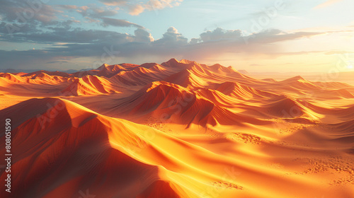 A dramatic desert landscape  with towering sand dunes sculpted by the wind  glowing golden in the setting sun. 