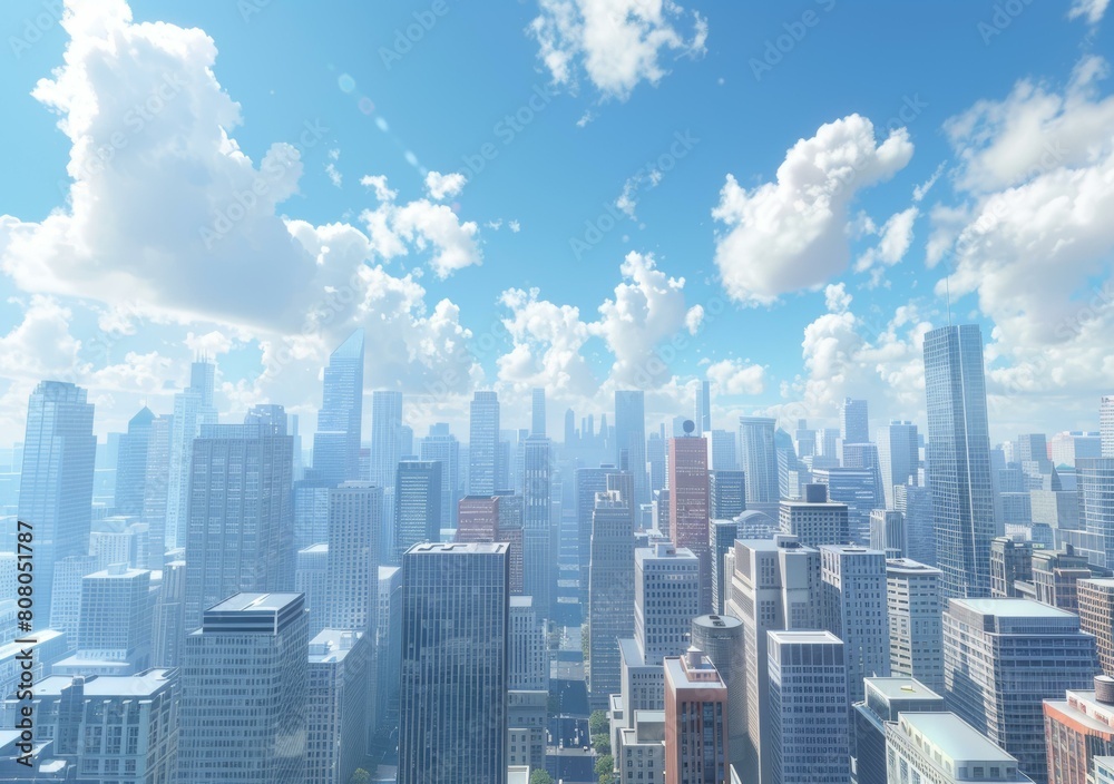 A cityscape image of a large American city with skyscrapers and a blue sky