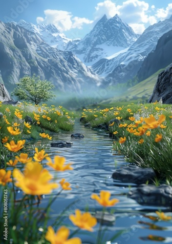 Alpine flowers and crystal clear stream in the Swiss mountains