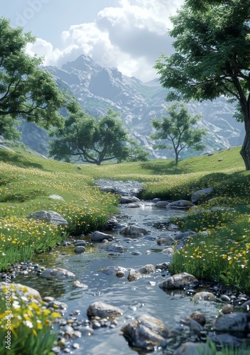 Small river flowing through a green valley with mountains in the background