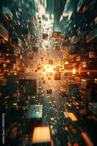 Abstract 3D illustration of a digital tunnel with glowing cubes and particles
